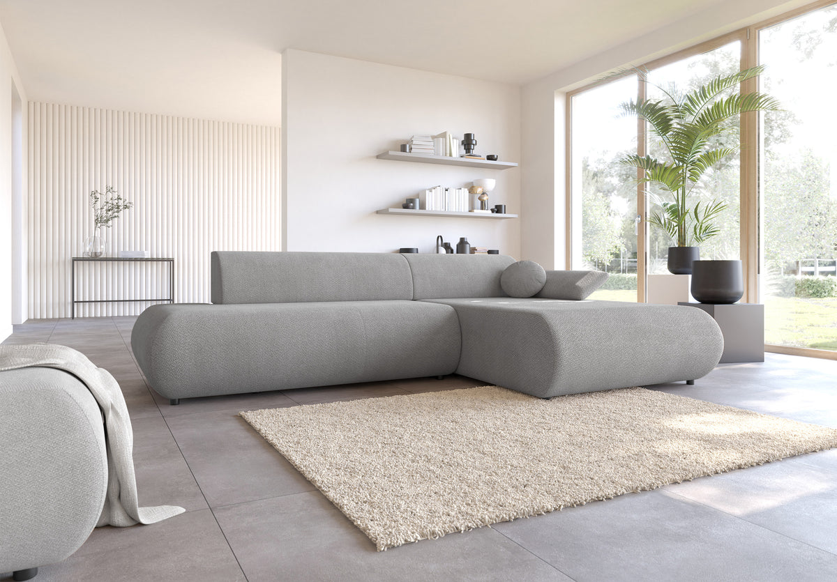 Canapé d'angle droit Armone avec fonction couchage, tissu chenille gris