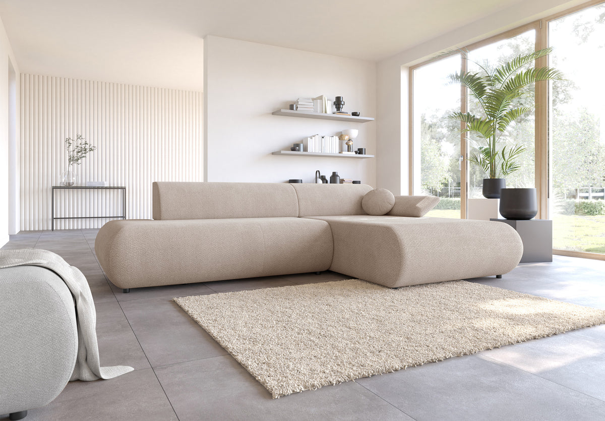 Canapé d'angle avec fonction couchage Armone en L, côté droit, en chenille beige clair