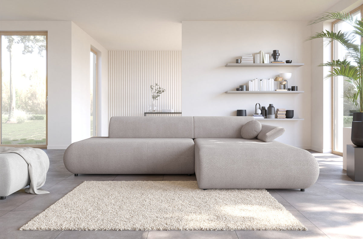 Ecksofa mit Schlaffunktion Armone, L-förmig, rechtsseitig, hellgrauer Chenille-Stoff