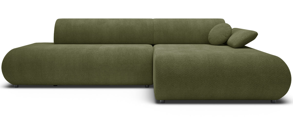 Ecksofa mit Schlaffunktion Armone, L-förmig, rechtsseitig, olivgrüner Chenille-Stoff
