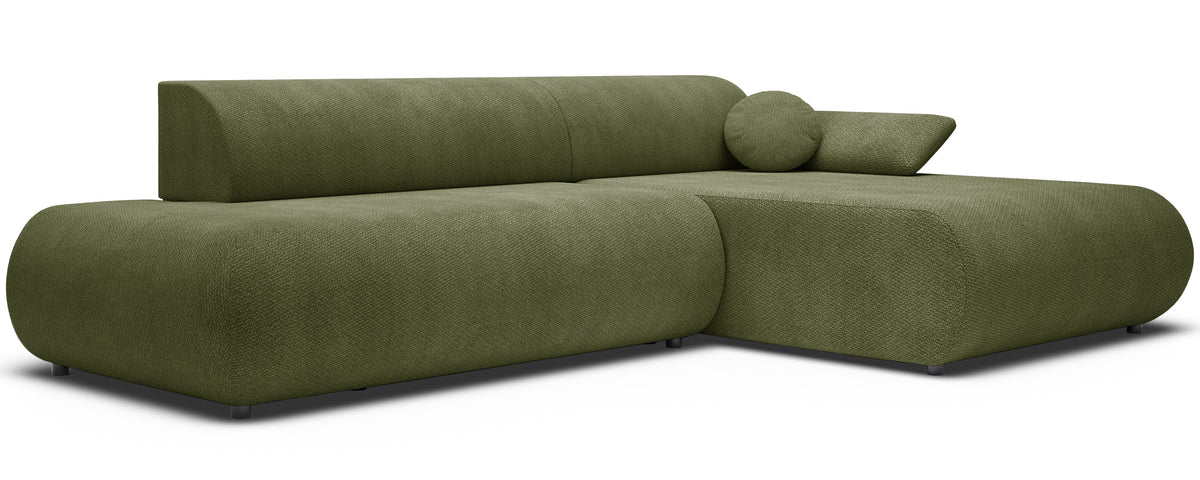 Ecksofa mit Schlaffunktion Armone, L-förmig, rechtsseitig, olivgrüner Chenille-Stoff