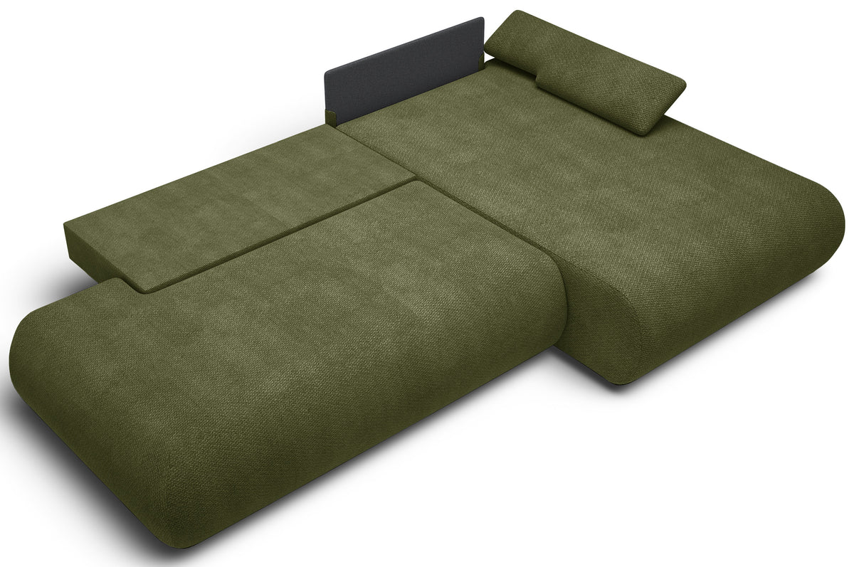 Ecksofa mit Schlaffunktion Armone, L-förmig, rechtsseitig, olivgrüner Chenille-Stoff