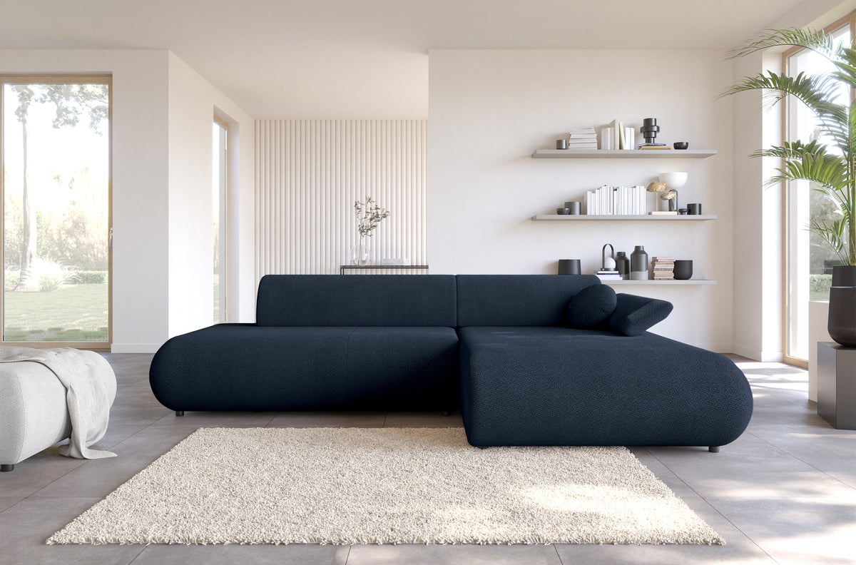 Ecksofa mit Schlafunktion Armone, L-förmig, rechtsseitig, marineblauer Chenille-Stoff