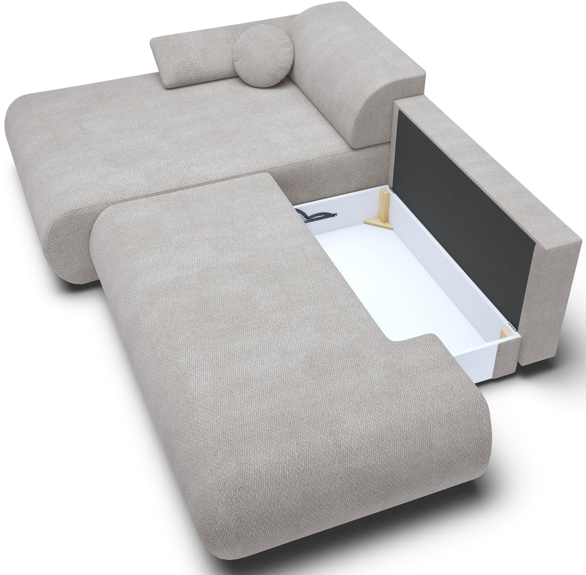 Ecksofa mit Schlaffunktion Armone, L-förmig, linksseitig, hellgrauer Chenille-Stoff