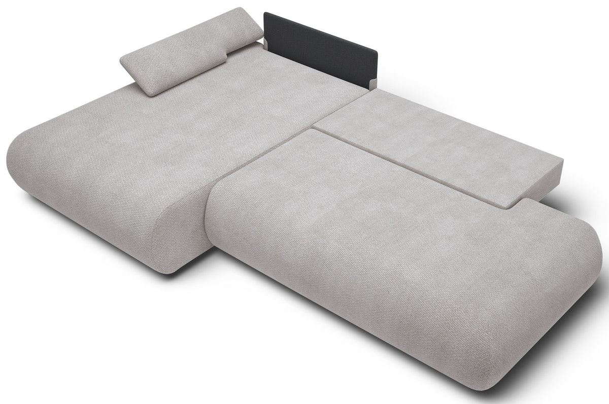 Ecksofa mit Schlaffunktion Armone, L-förmig, linksseitig, hellgrauer Chenille-Stoff