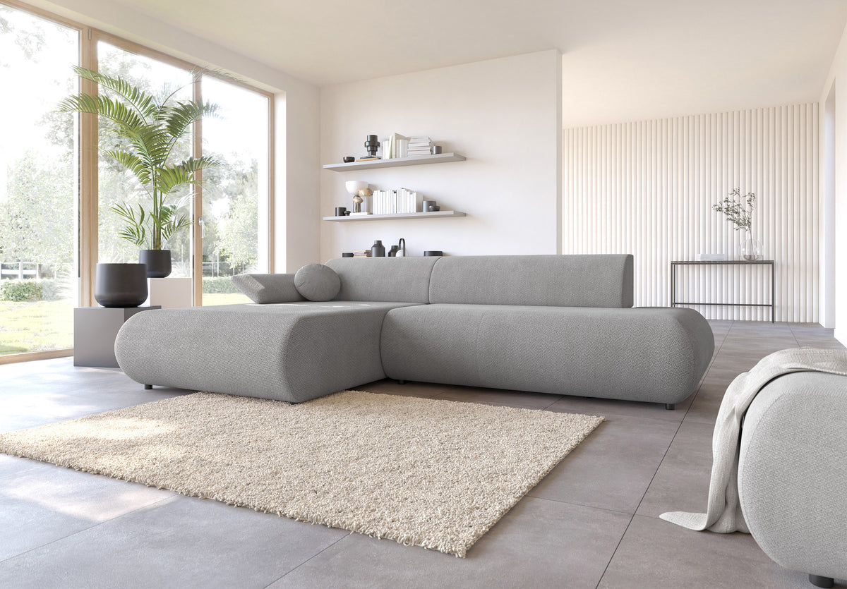 Ecksofa mit Schlaffunktion Armone, L-förmig, linksseitig, grauer Chenille-Stoff