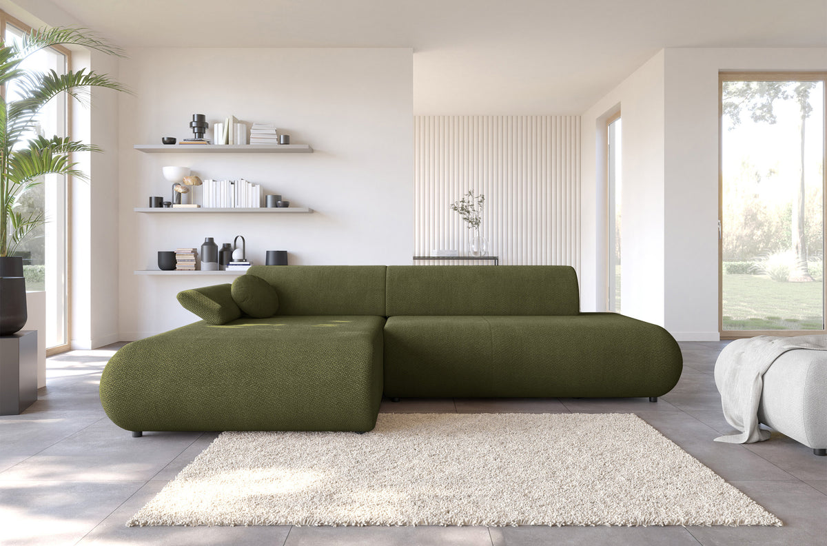 Canapé d'angle avec fonction couchage Armone en L, côté gauche, en chenille olive