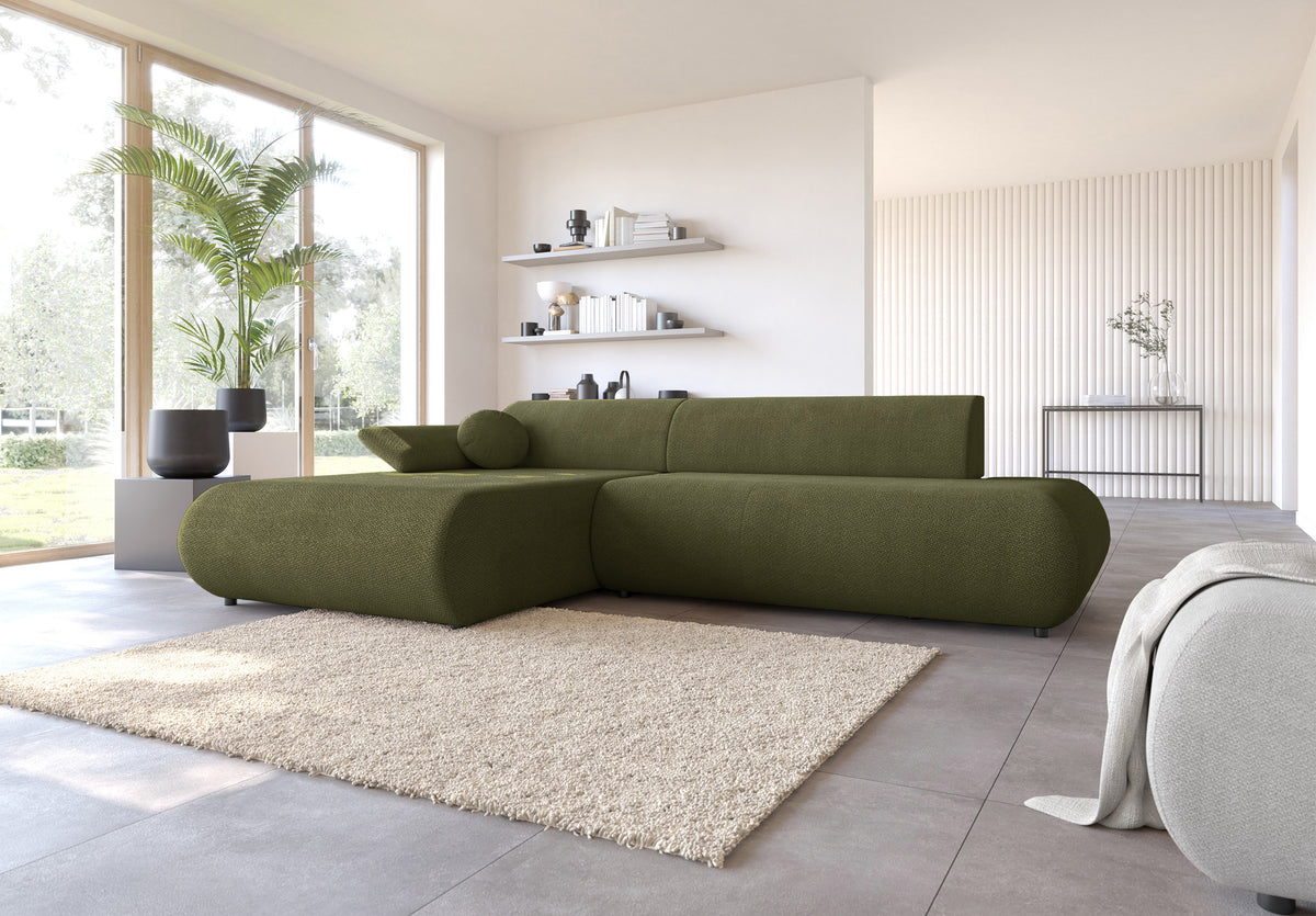 Canapé d'angle avec fonction couchage Armone en L, côté gauche, en chenille olive