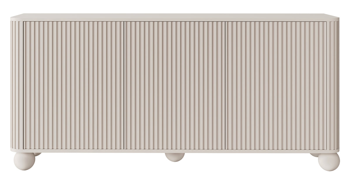 Kommode Arvello mit Fräsungen, dreitürig, 163 cm, auf kugelförmigen Beinen, Sandbeige