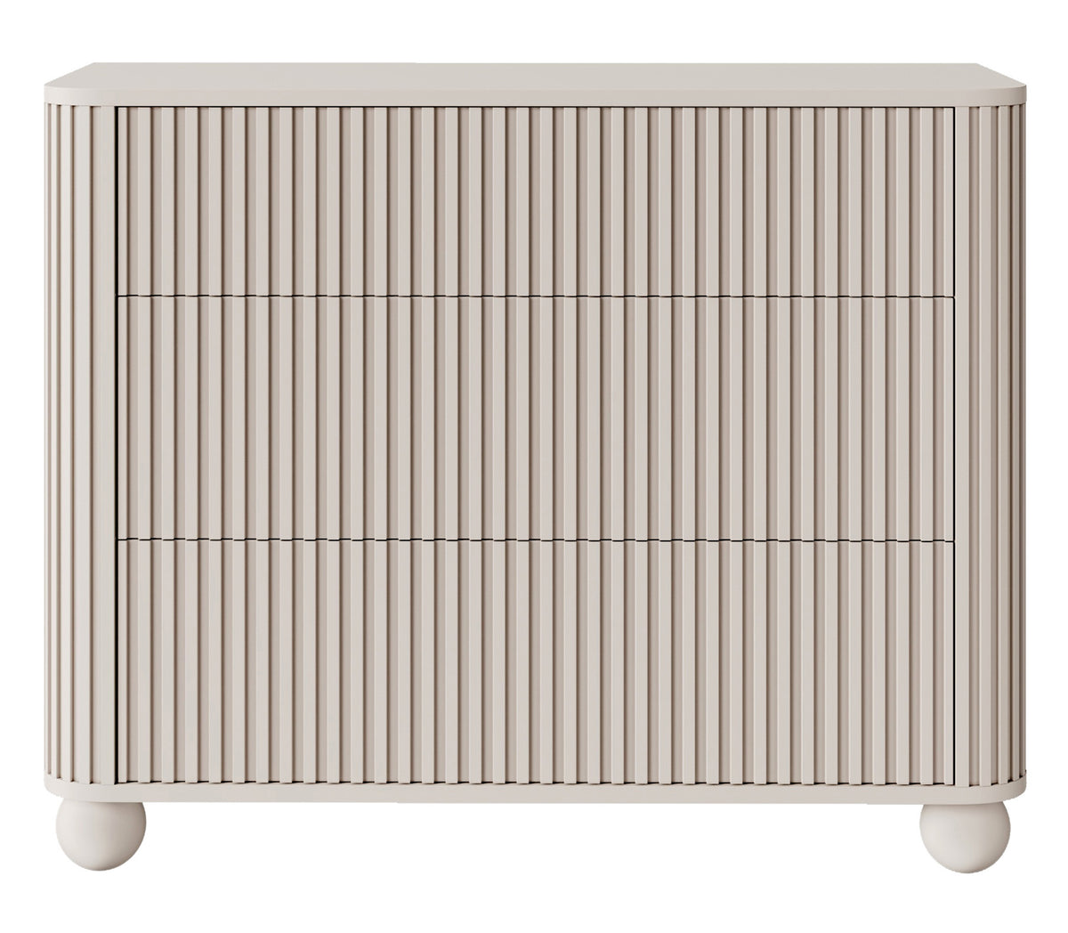Kommode Arvello mit Fräsungen und drei Schubladen, 93 cm, auf Kugelfüßen, beige sandfarben