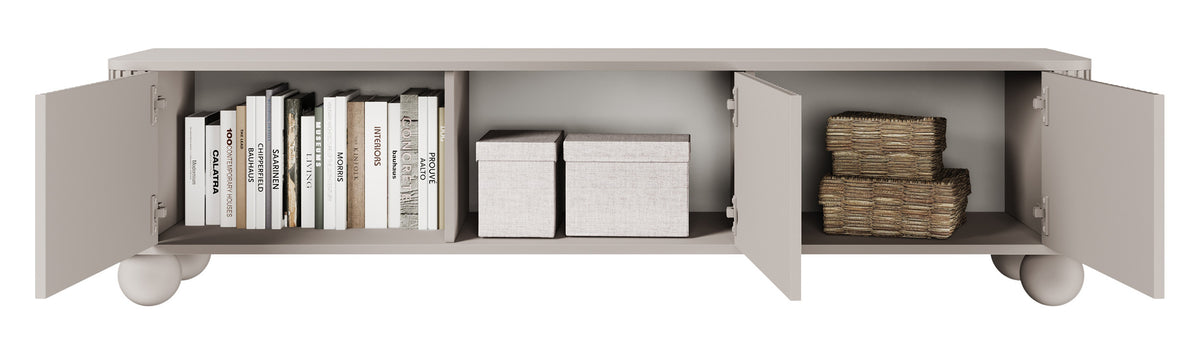 Buffet TV Arvello à rainures, trois portes, 163 cm, sur pieds boule, beige sable