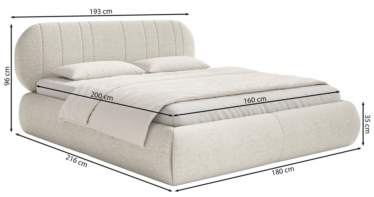 Gepolstertes Bett 160x200 cm Asmelio mit Stauraum, Metallrahmen, khakifarbenes Geflecht