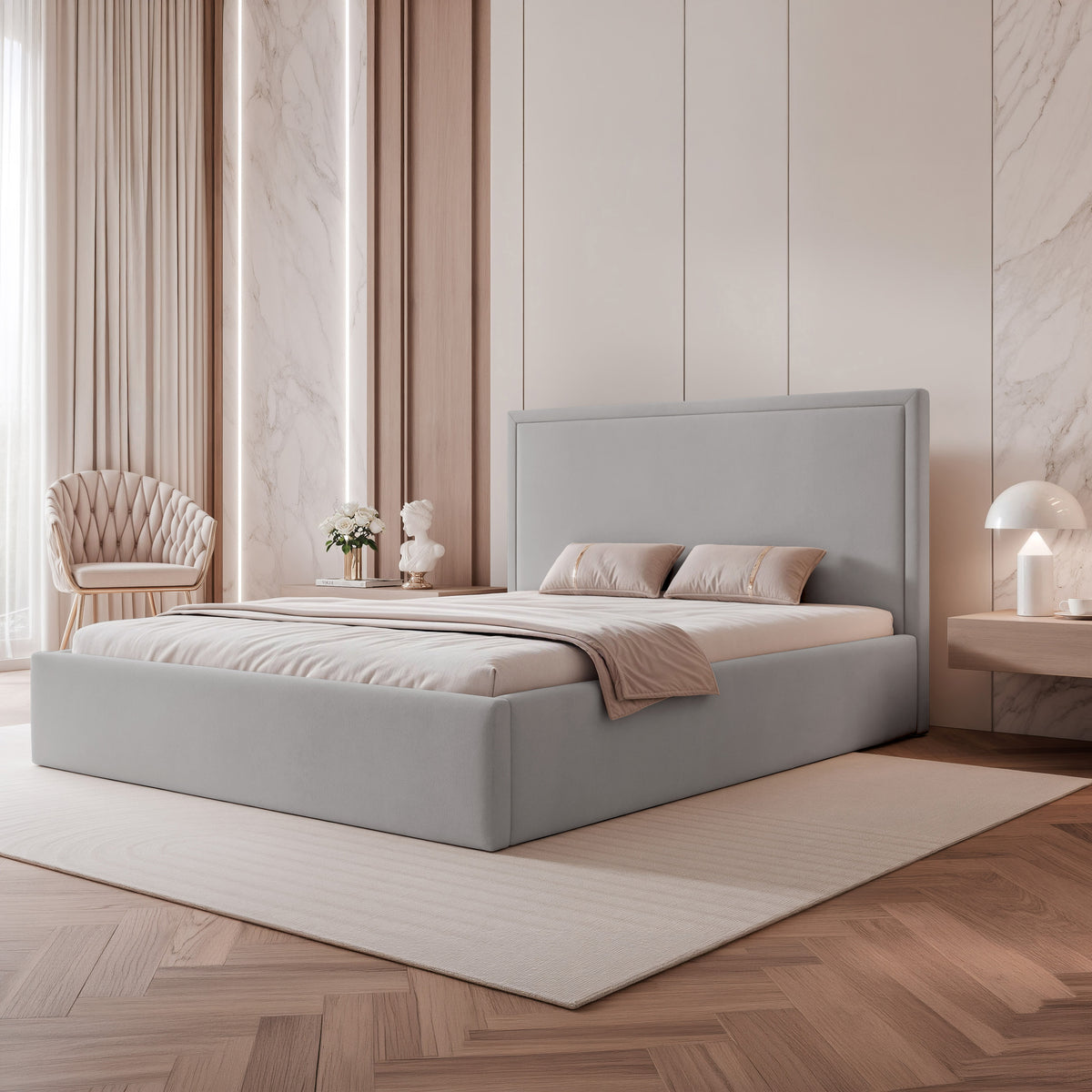 Polsterbett 140x200 cm Asurro mit Stauraum, Metallrahmen, grauer hydrophober Samt