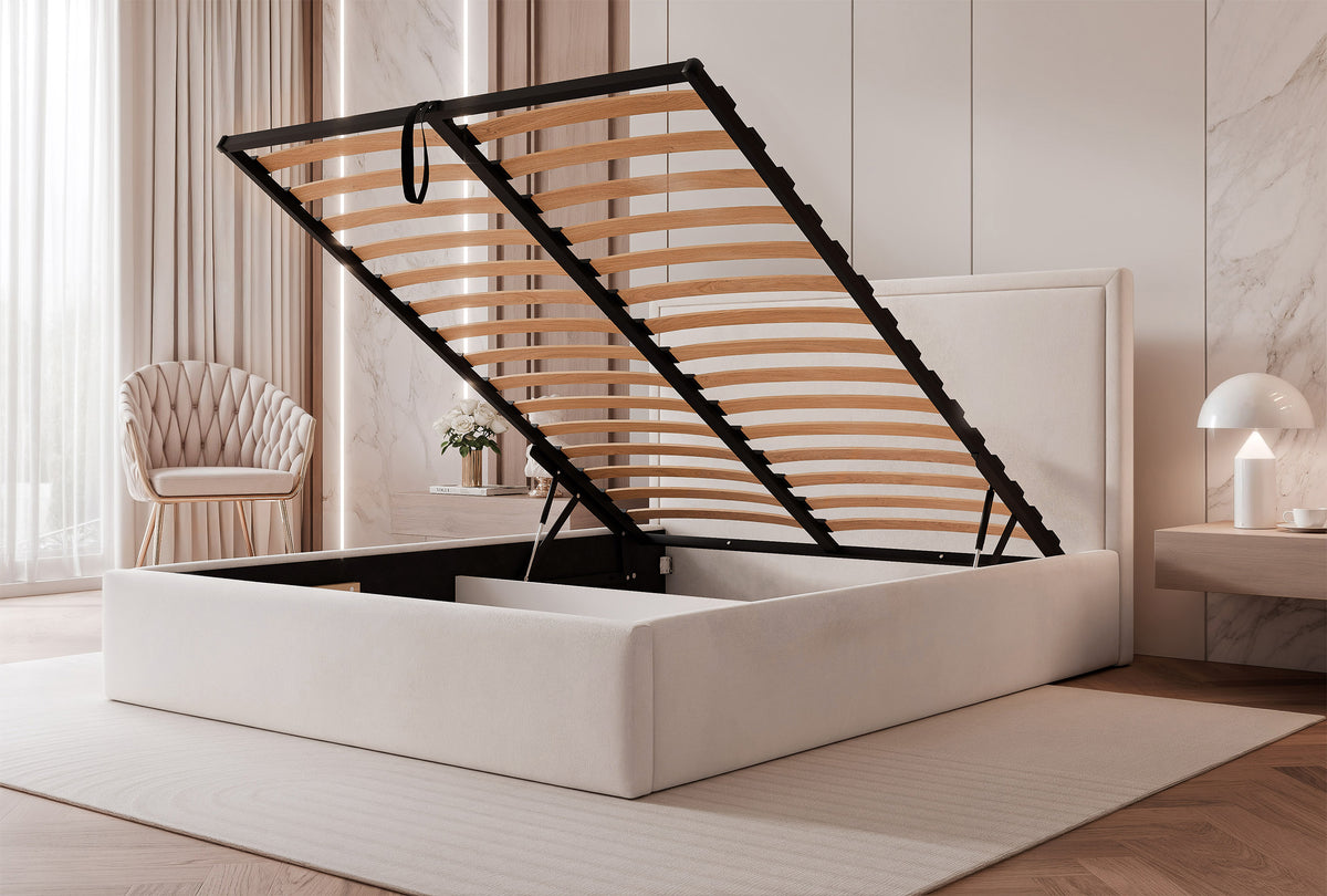 Gepolstertes Bett 160x200 cm Asurro mit Stauraum, Metallrahmen, cremefarbener, wasserabweisender Samt