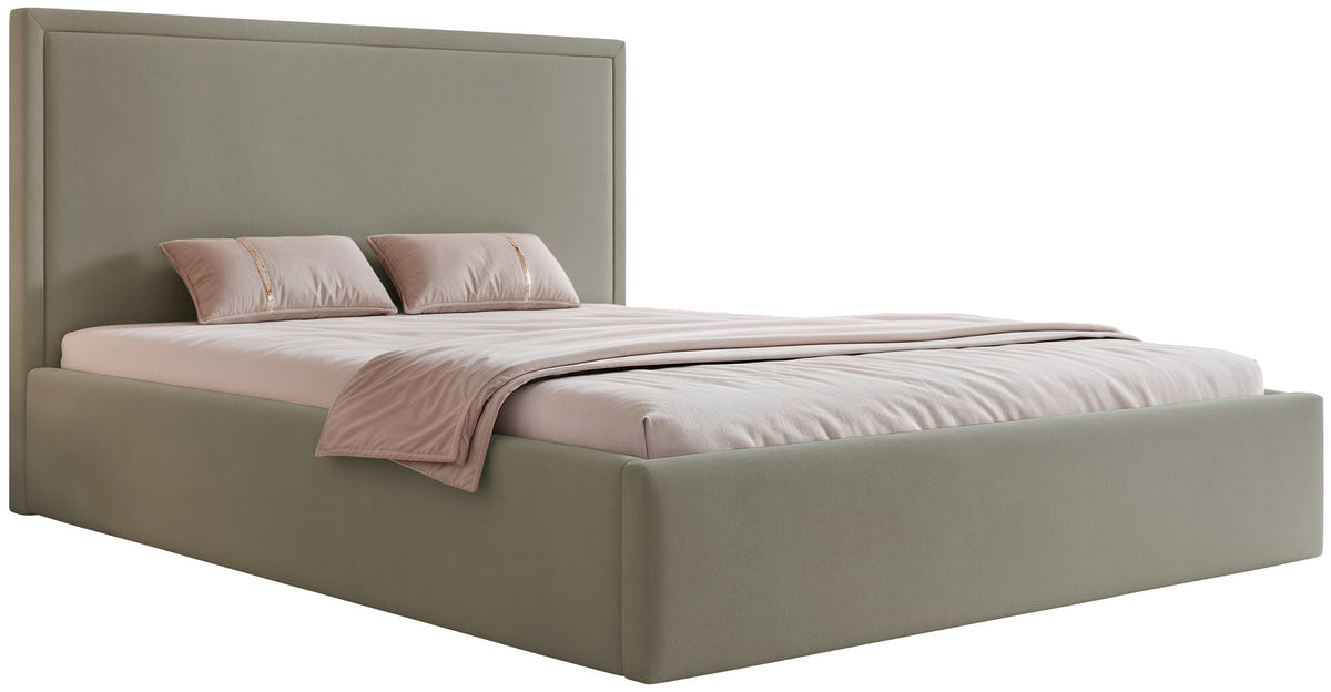 Polsterbett 140x200 cm Asurro mit Stauraum, Metallrahmen, salbeigrüner Veloursstoff, wasserabweisend