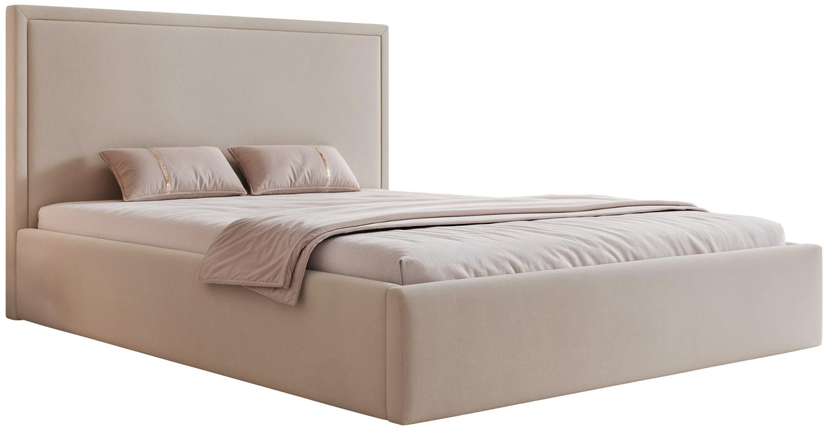 Gepolstertes Bett 160x200 cm Asurro mit Stauraum, Metallrahmen, beiger wasserabweisender Samt