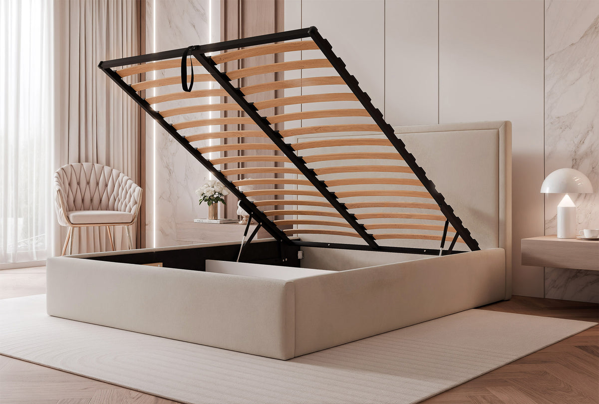Gepolstertes Bett 160x200 cm Asurro mit Stauraum, Metallrahmen, beiger wasserabweisender Samt