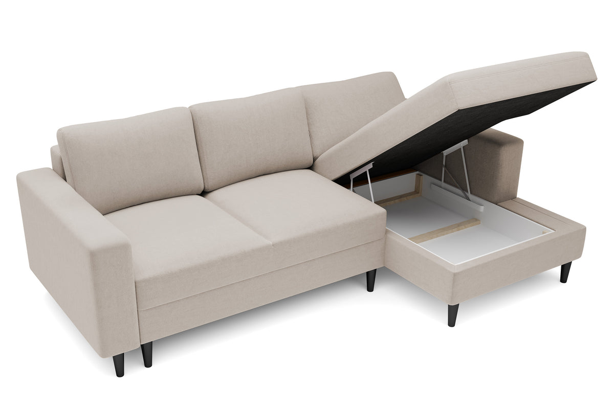 Canapé d'angle avec fonction couchage Nalika en L, avec coffre de rangement, velours hydrofuge beige, orientation droite