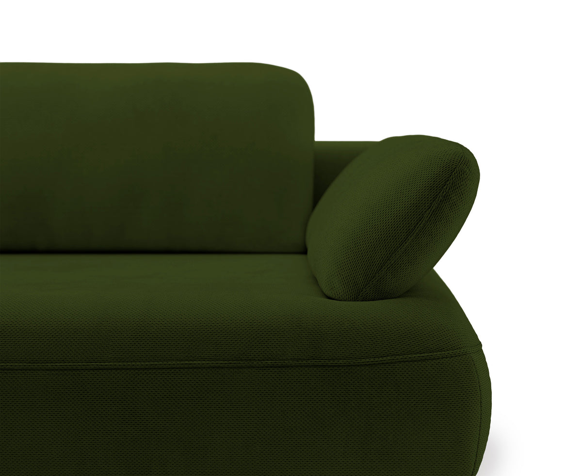 Canapé d'angle Avolla L avec fonction couchage, côté gauche, avec coffre de rangement, tissu hydrofuge en chenille olive