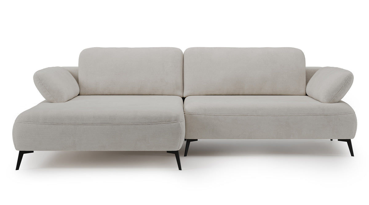 Ecksofa mit Schlaffunktion Avolla, L-förmig, linksseitig, mit Stauraum, grau-beiger hydrophober Chenille-Bezug