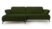 Canapé d'angle Avolla L avec fonction couchage, côté gauche, avec coffre de rangement, tissu hydrofuge en chenille olive