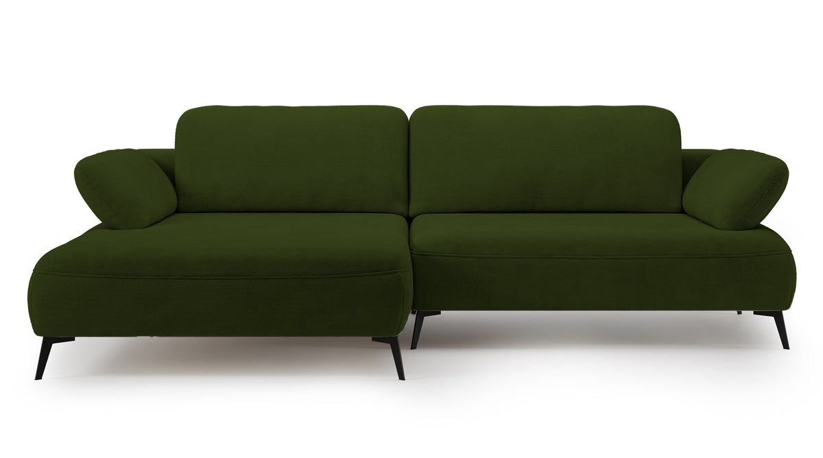 Ecksofa mit Schlaffunktion Avolla, L-förmig, linksseitig, mit Stauraum, olivgrüner hydrophober Chenillestoff