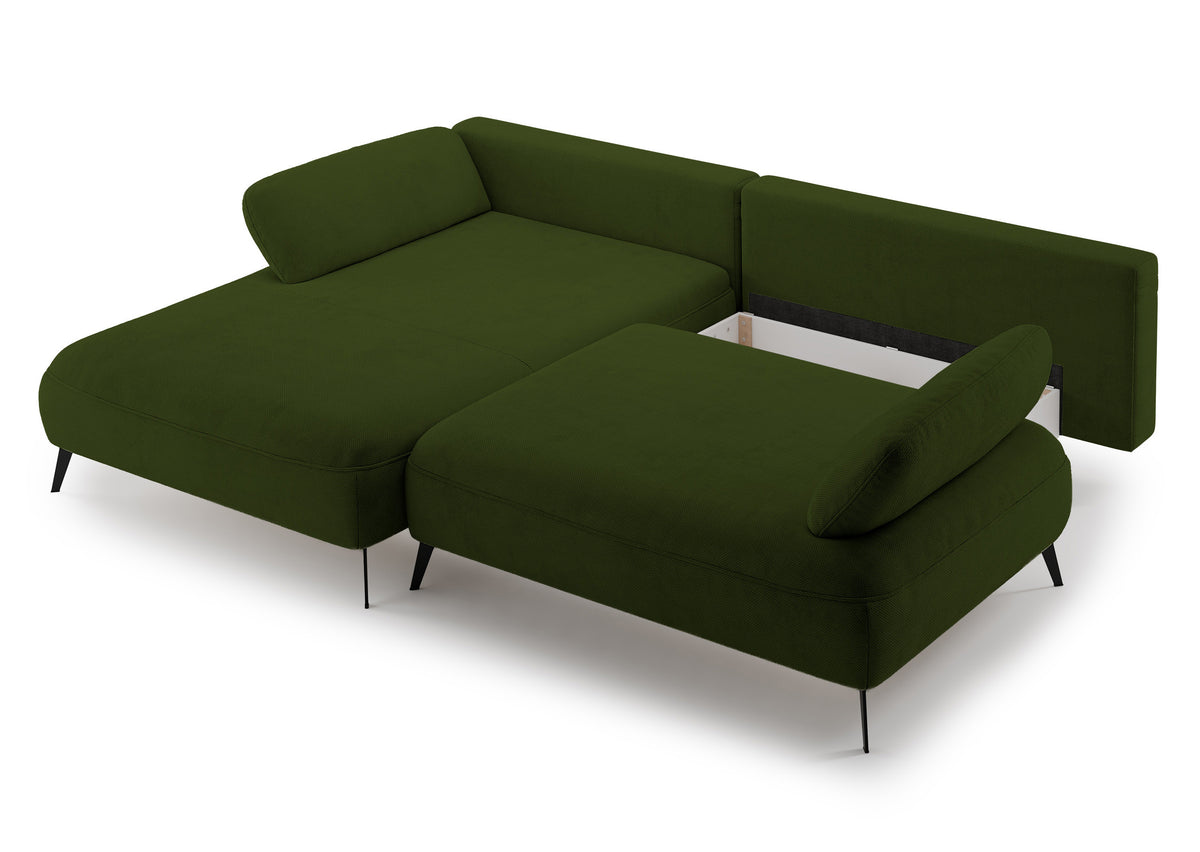 Canapé d'angle Avolla L avec fonction couchage, côté gauche, avec coffre de rangement, tissu hydrofuge en chenille olive