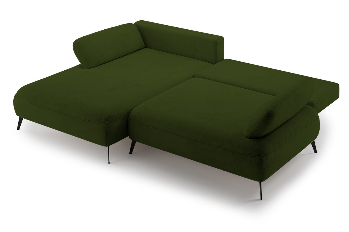 Canapé d'angle Avolla L avec fonction couchage, côté gauche, avec coffre de rangement, tissu hydrofuge en chenille olive