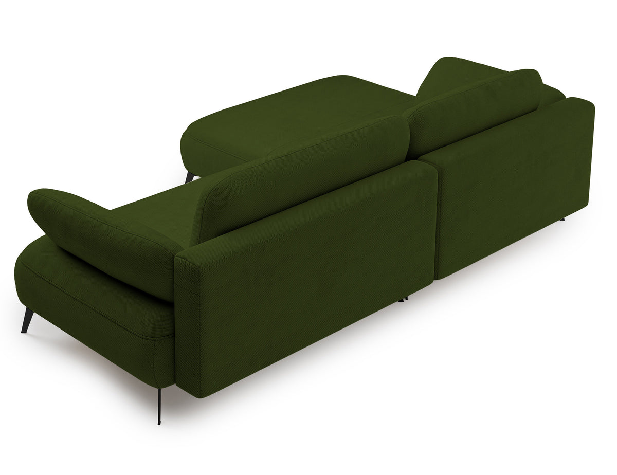 Canapé d'angle Avolla L avec fonction couchage, côté gauche, avec coffre de rangement, tissu hydrofuge en chenille olive