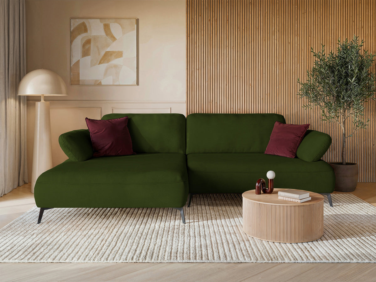 Canapé d'angle Avolla L avec fonction couchage, côté gauche, avec coffre de rangement, tissu hydrofuge en chenille olive