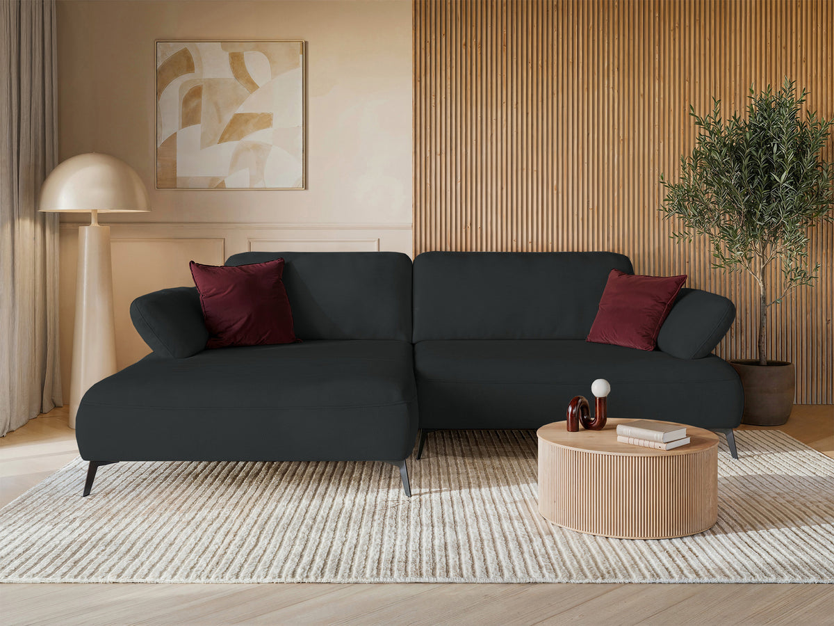 Ecksofa mit Schlaffunktion Avolla, L-förmig, linke Seite, mit Stauraum, graphitfarbener hydrophober Chenille-Stoff