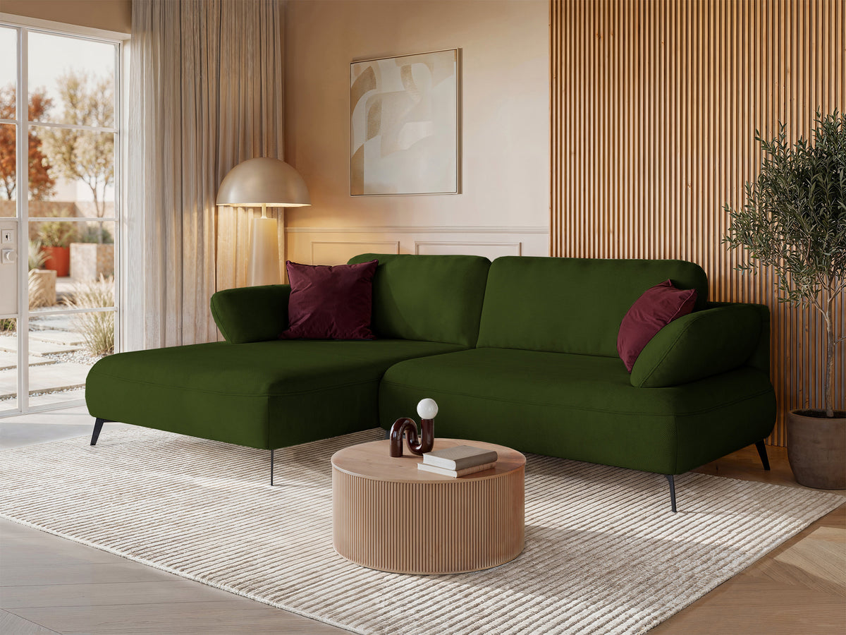 Ecksofa mit Schlaffunktion Avolla, L-förmig, linksseitig, mit Stauraum, olivgrüner hydrophober Chenillestoff