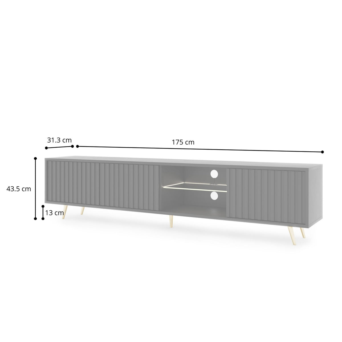 Meuble TV Bello avec façades à lamelles 175 cm noir avec LED et pieds dorés