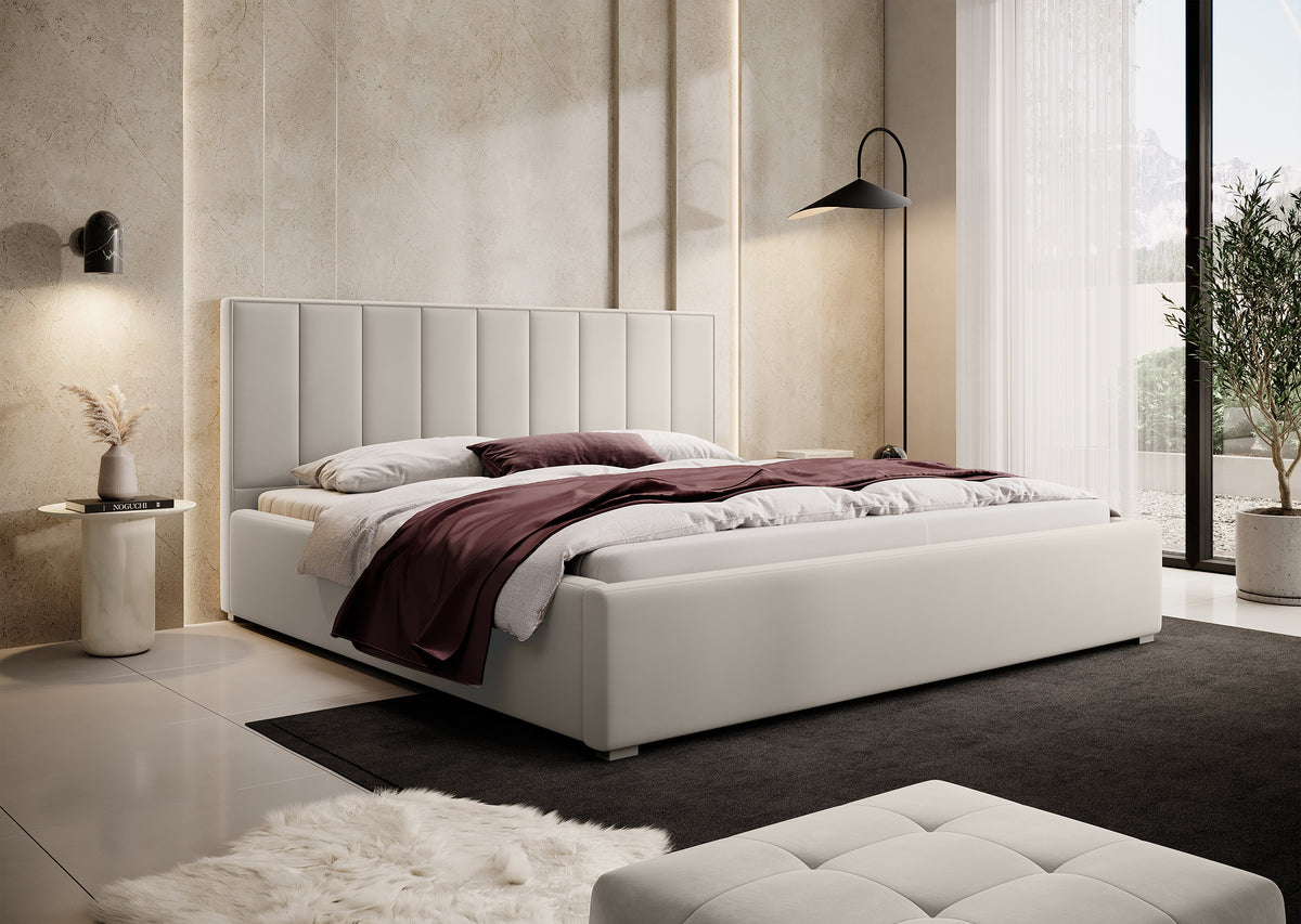 Lit tapissé 140x200 cm Rinus avec rangement, crème en tissu hydrofuge