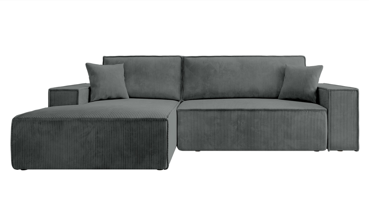 Canapé d'angle avec fonction couchage Farese New en L, avec coffre de rangement, velours côtelé gris, côté gauche