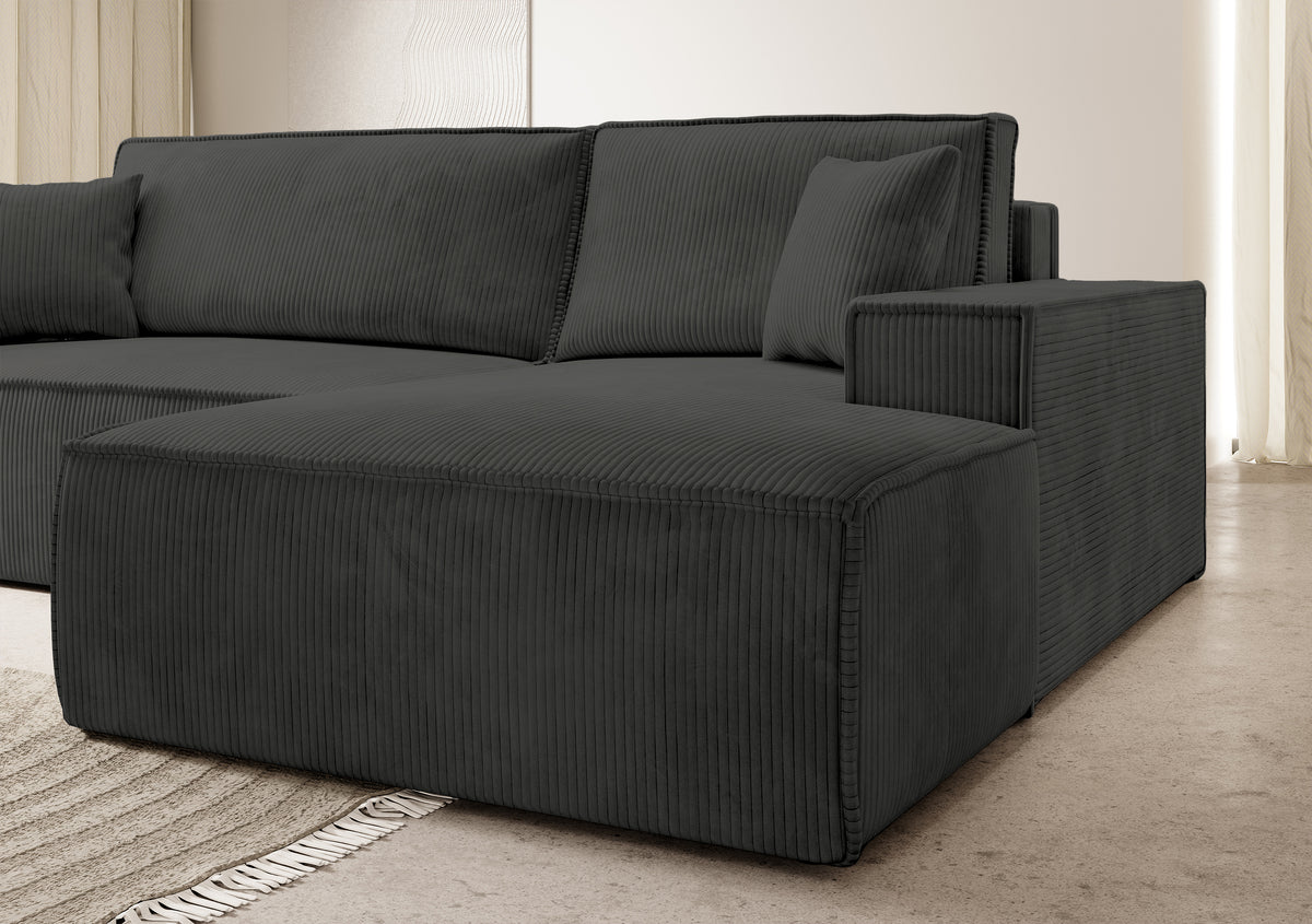 Ecksofa mit Schlafunktion Farese New L-förmig mit Stauraum, dunkelgrauer Cord, rechtsseitig