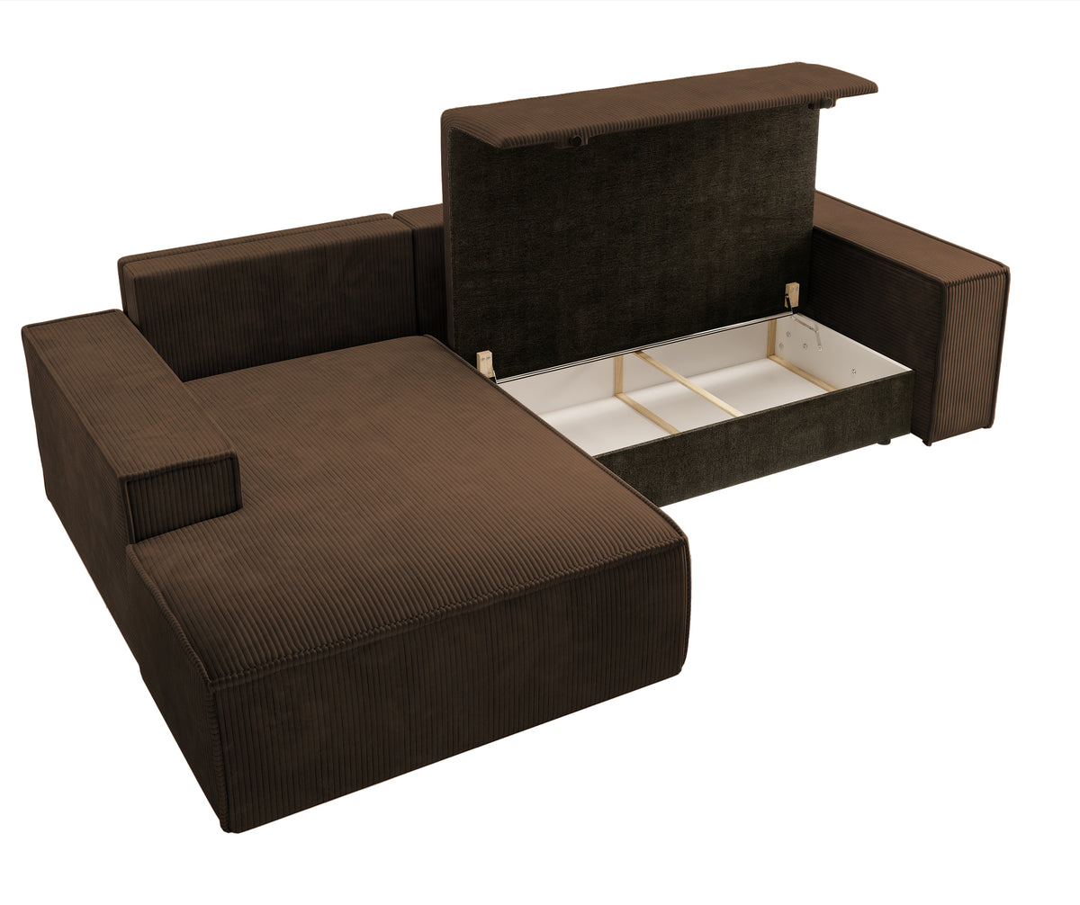 Canapé d'angle avec fonction couchage Farese New en L, avec rangement, velours côtelé marron, côté gauche