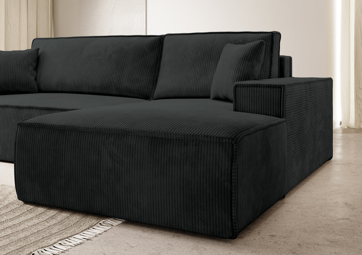 Canapé d'angle avec fonction couchage Farese New en velours côtelé noir, coffre de rangement, configuration droite