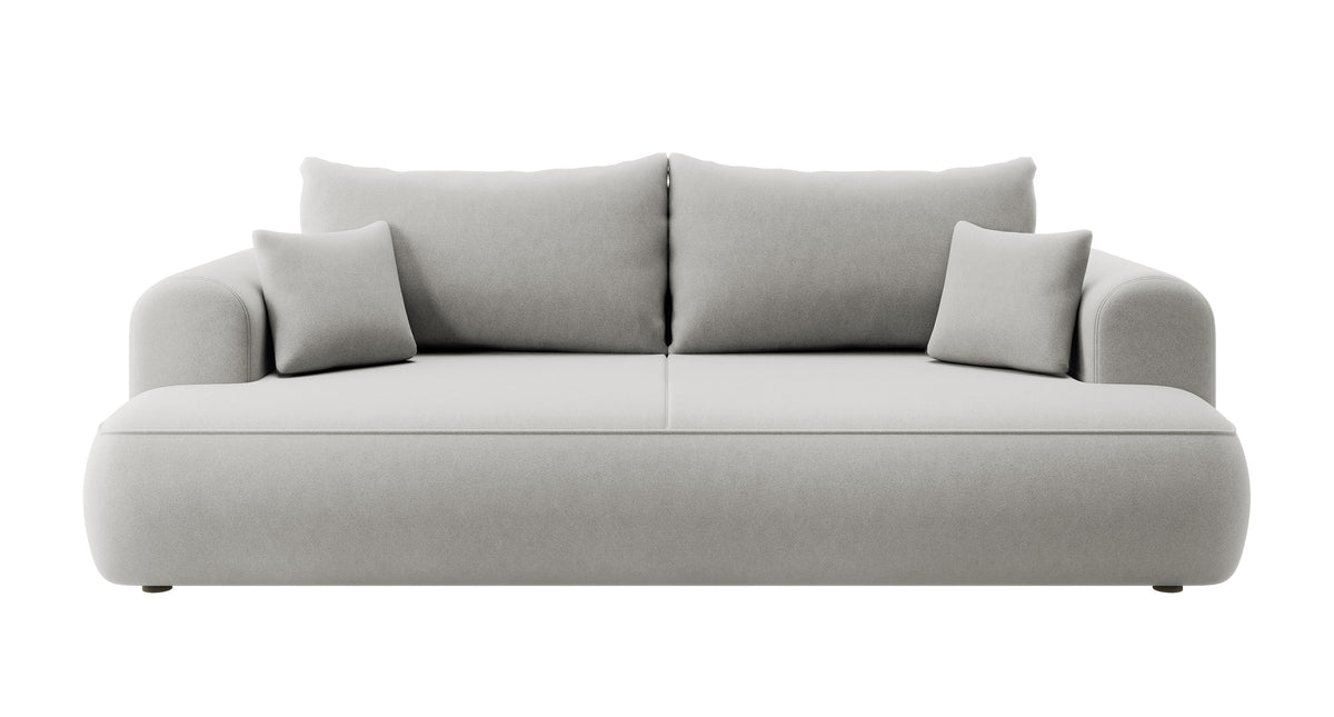 Dreisitziges ausklappbares Sofa Ovo mit Stauraum, grauer Samt aus leicht zu reinigendem Stoff