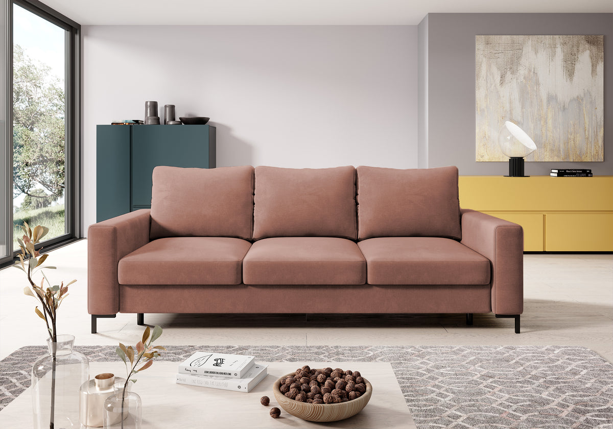 Canapé convertible 3 places Mokpeo avec rangement, velours rose facile à nettoyer