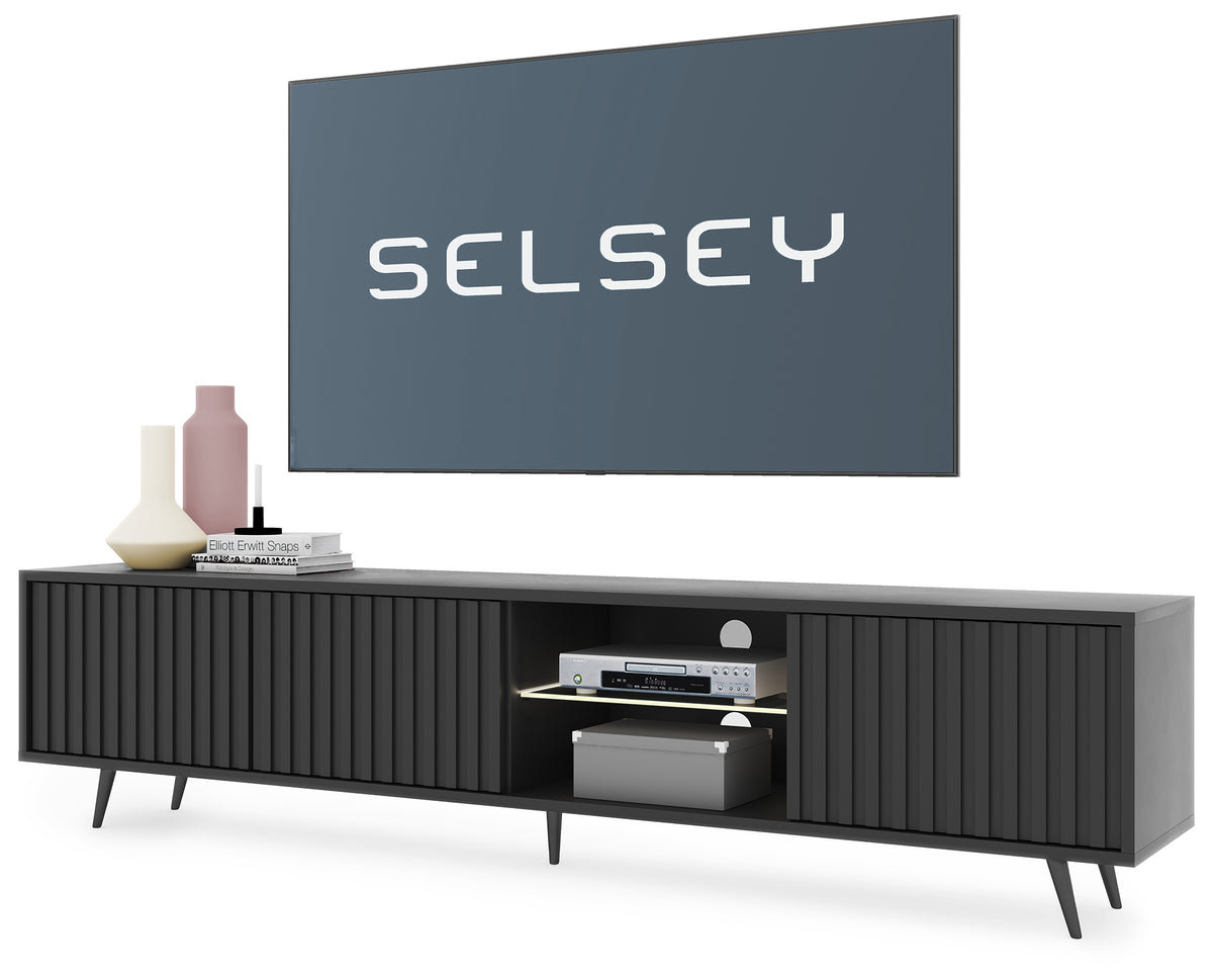 TV-Schrank Bello mit Lamellenfronten, 175 cm, schwarz, mit LED und schwarzen Beinen