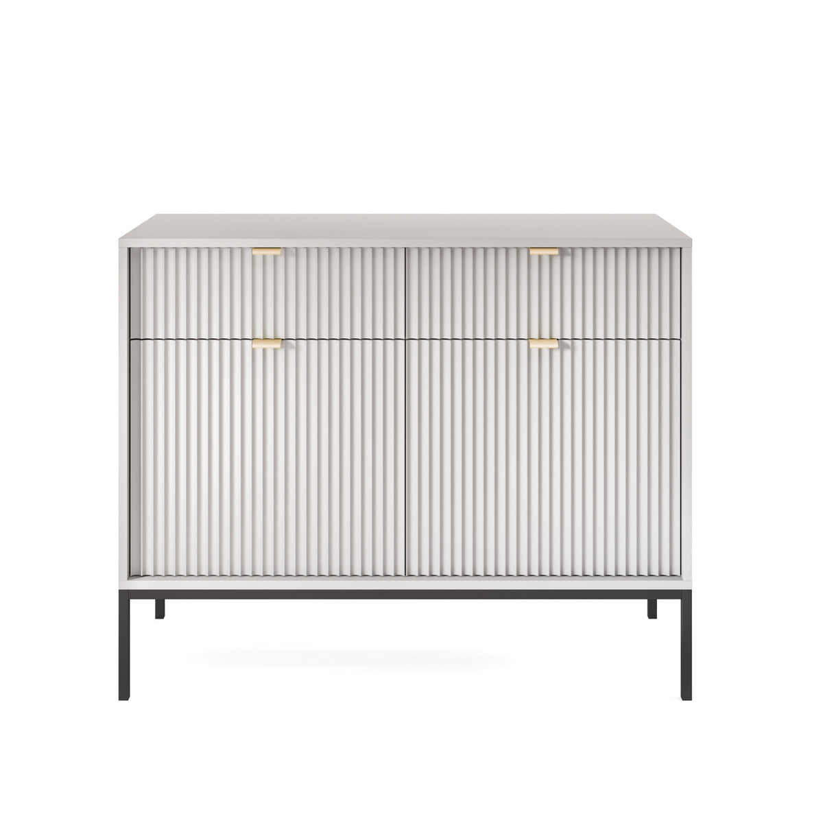 Commode 2 portes Vellore 104 cm grise avec façades rainurées et poignées dorées