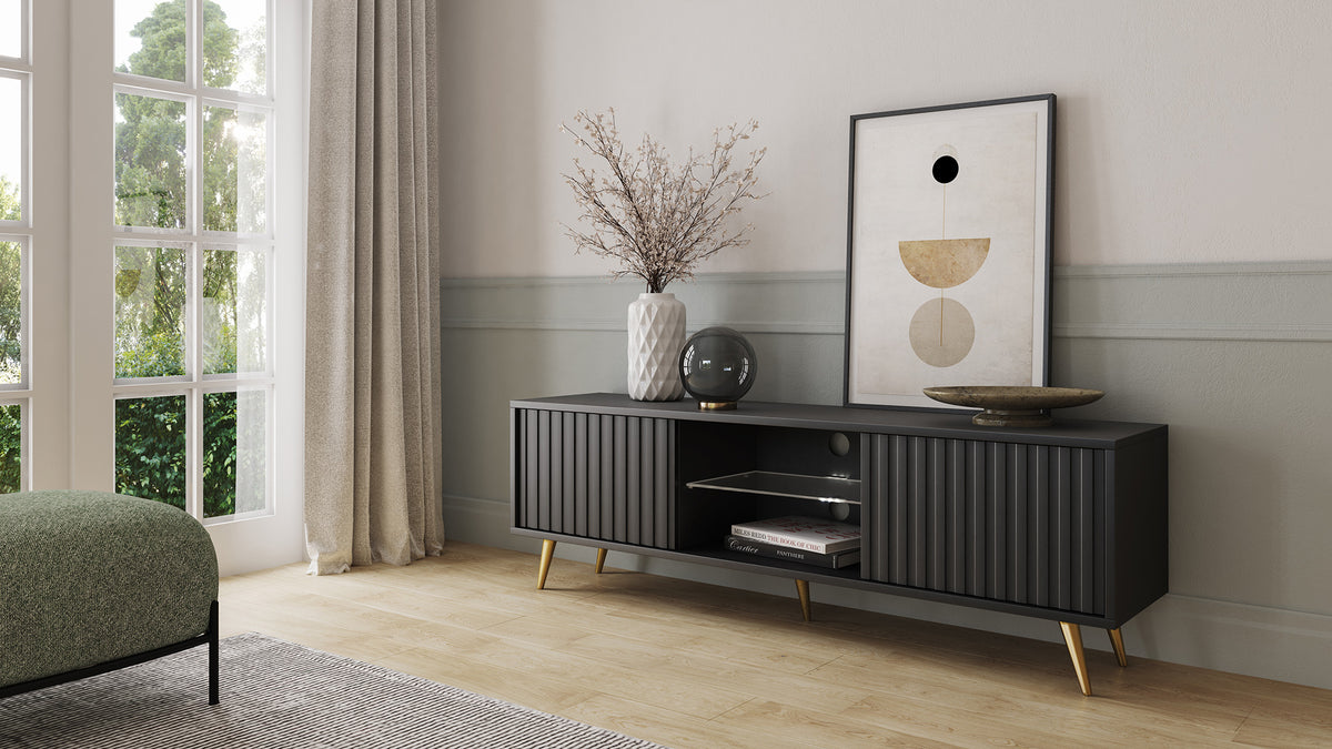 Meuble TV Bello avec façades lamellées 135 cm noir avec pieds dorés
