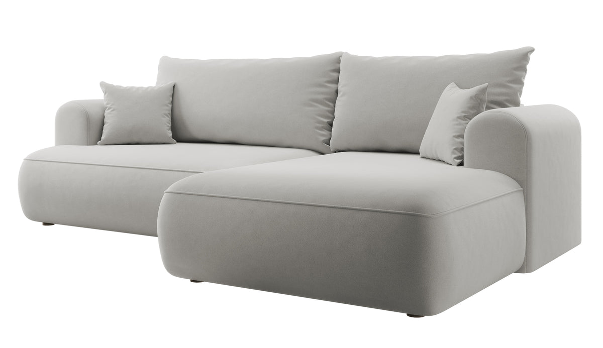 Ecksofa mit Schlafunktion Ovo, L-förmig, grau, Samt, mit Stauraum, aus pflegeleichtem Stoff, rechtsseitig