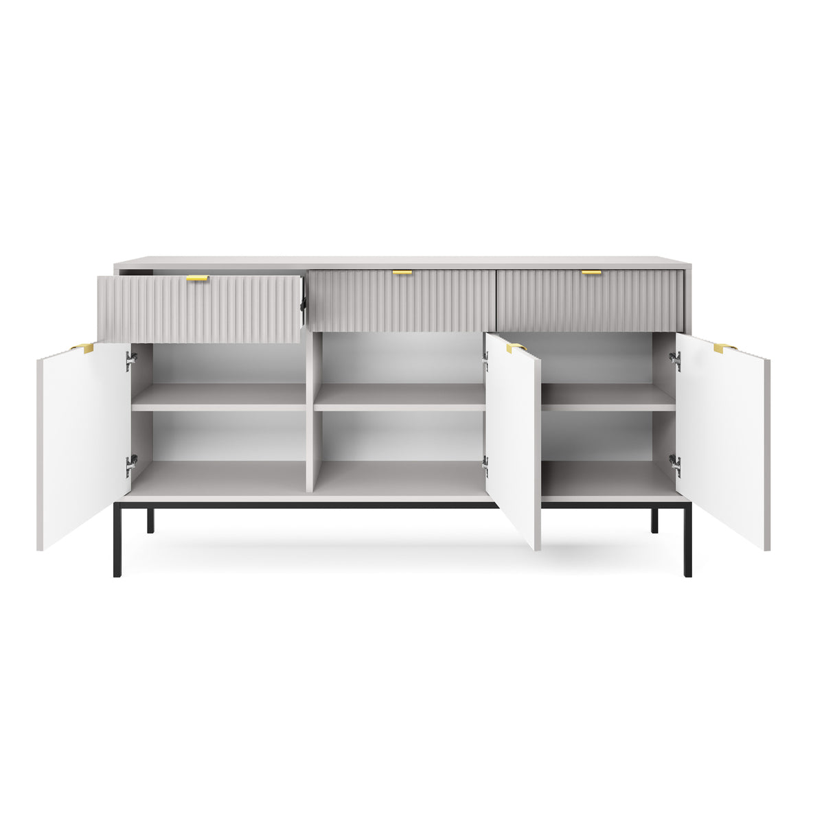 Drehtür-Kommode Vellore 154 cm grau mit gerillten Fronten und goldenen Griffen