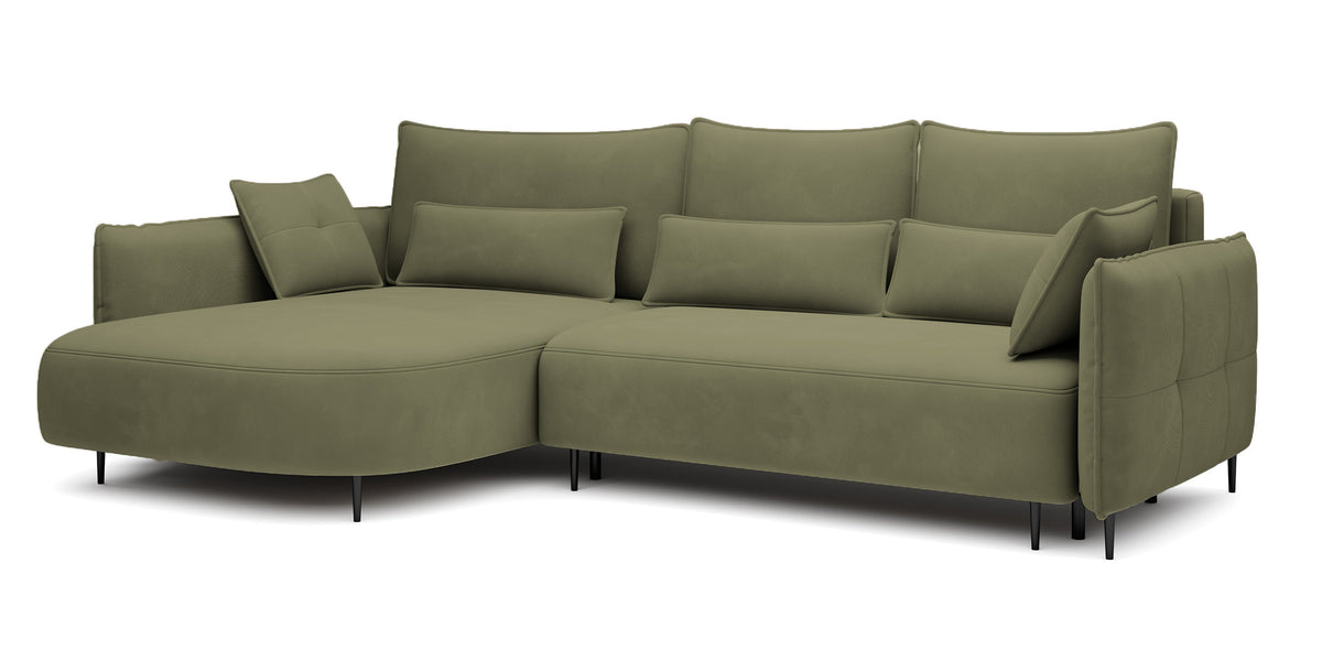 Canapé d'angle Oblivio avec fonction couchage, forme en L, coffre de rangement, velours olive, côté gauche, hydrofuge