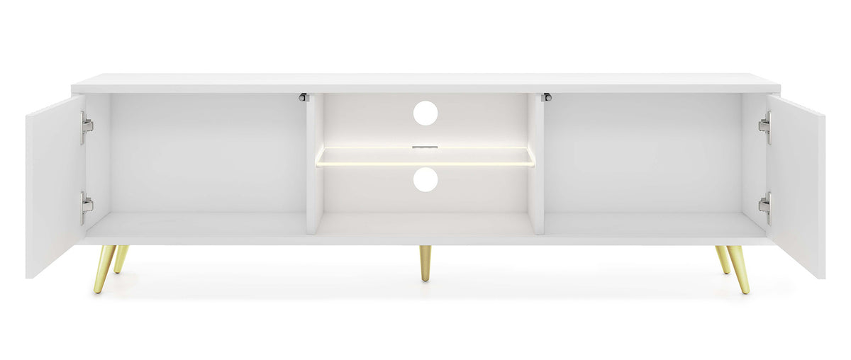 Meuble TV Bello 135 cm blanc avec portes à lamelles et pieds dorés