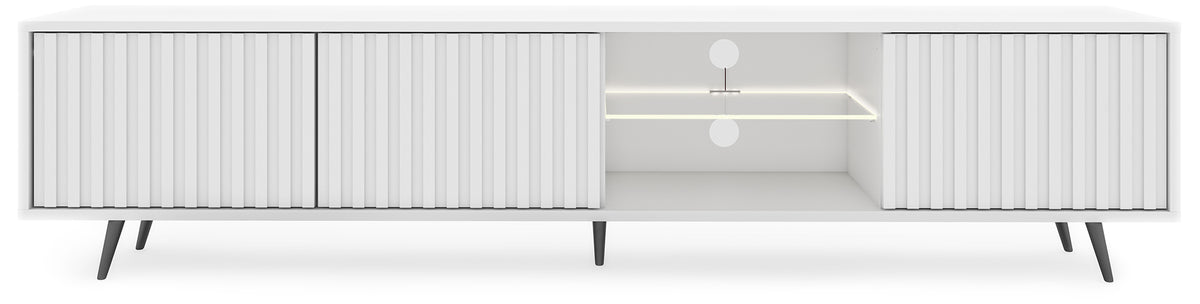 Meuble TV Bello avec façades à lamelles 175 cm blanc avec LED et pieds noirs