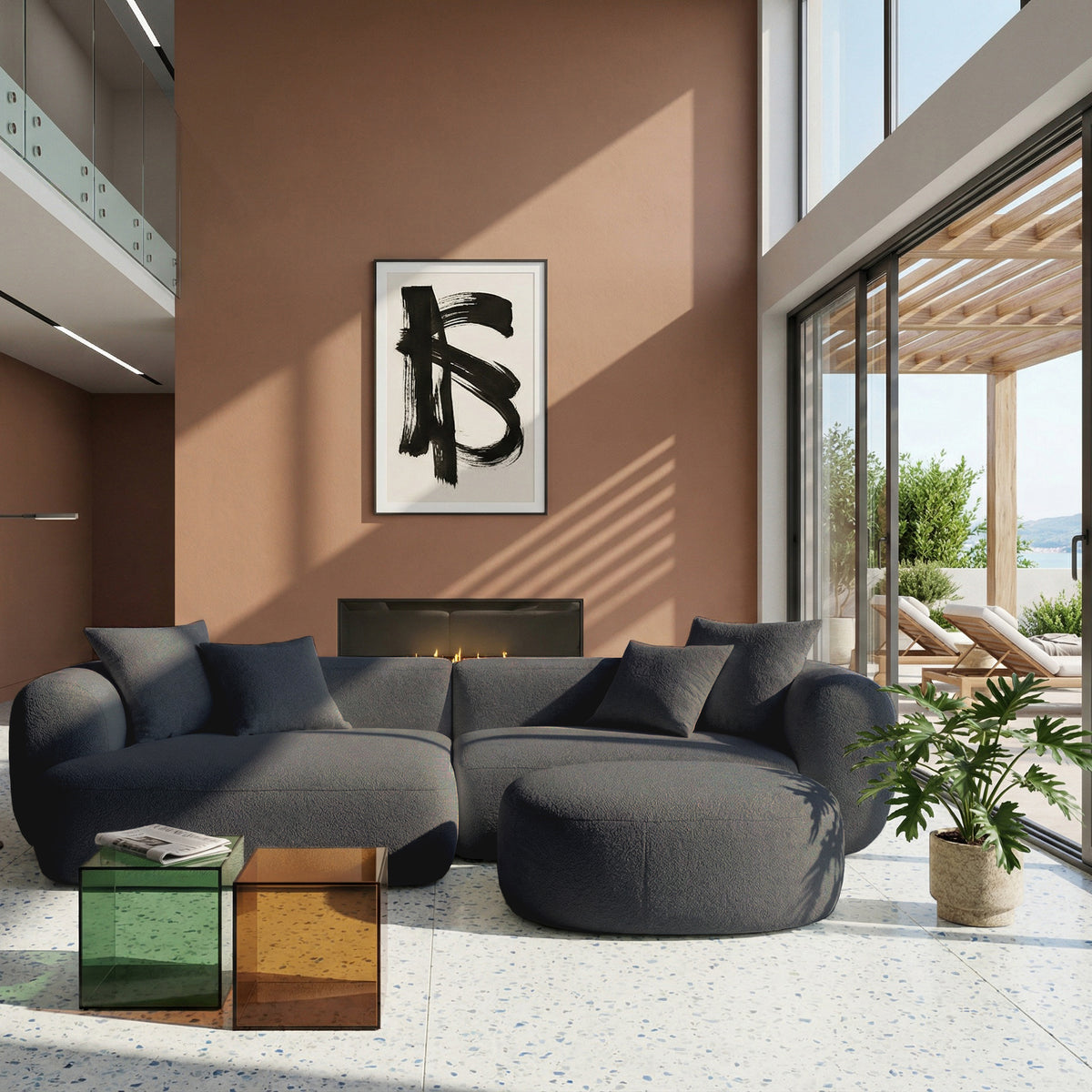 Modulares Ecksofa Baomi L-förmig mit linksseitigem Hocker, dunkelgrauer Chenille-Stoff