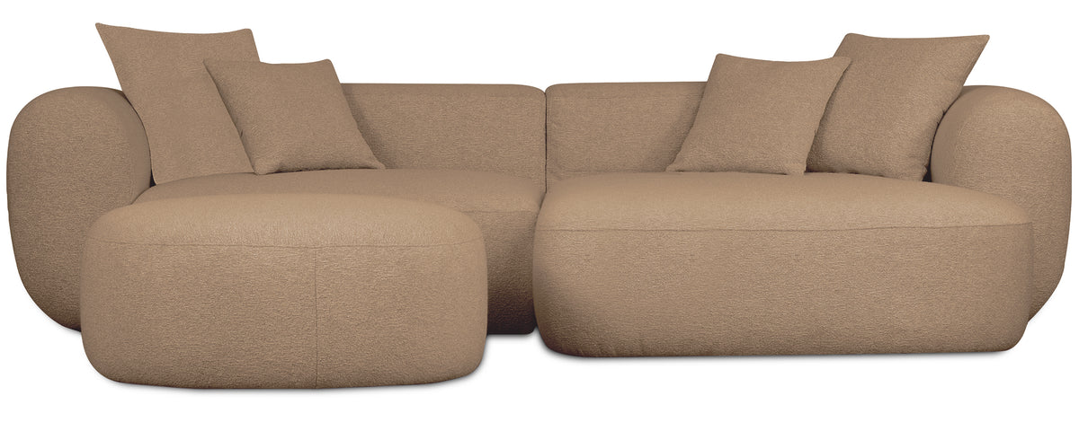 Canapé d'angle modulable Baomi en L avec pouf, tissu chenille moutarde, côté droit